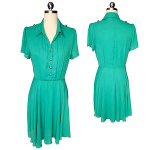 Vintage Style Shirtwaist Dress Medium Green Chiffon Retro Midi Pleats Flirty